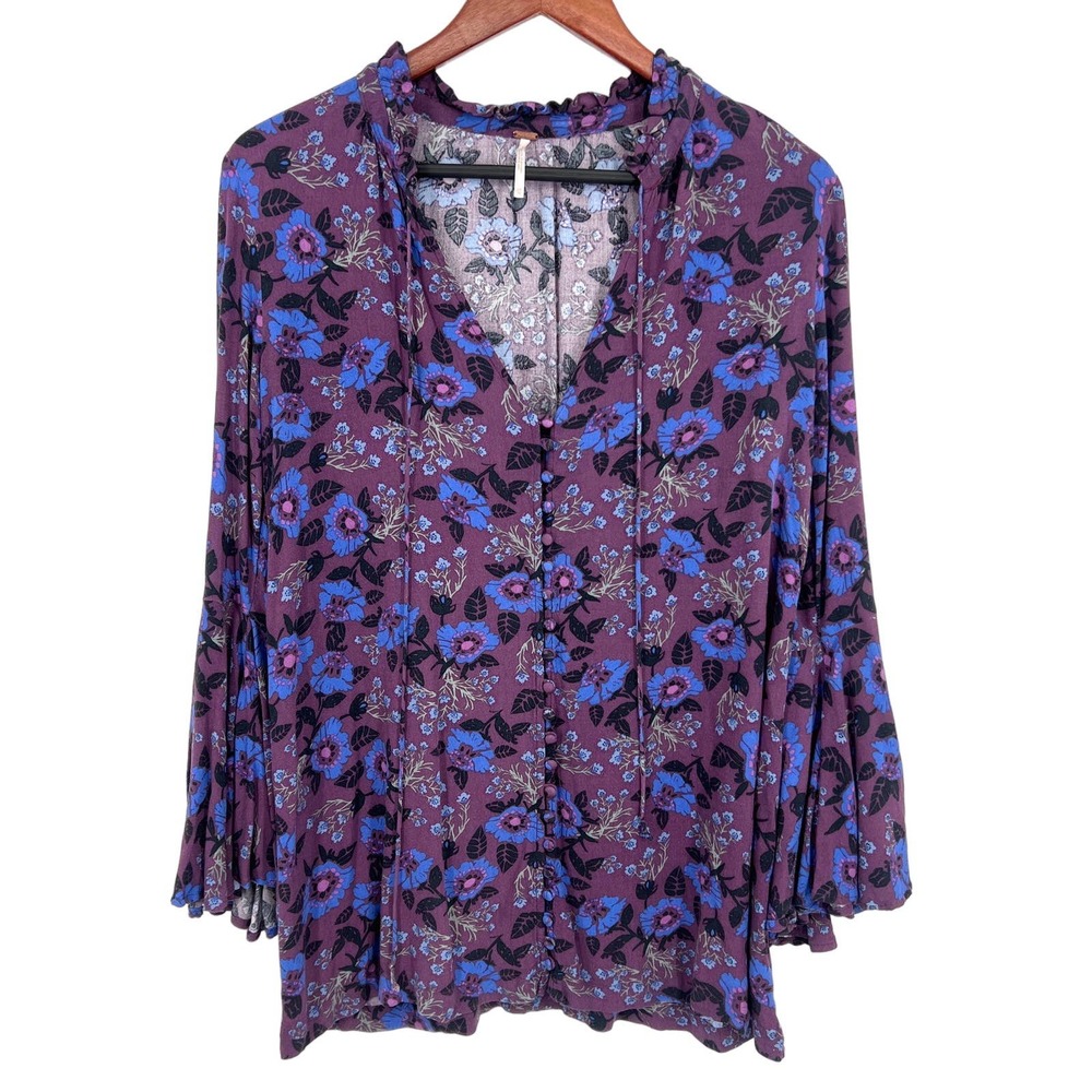 Free People Womens Size XS Extra Small Long Sleeve Bell Purple Blouse Shirt Top